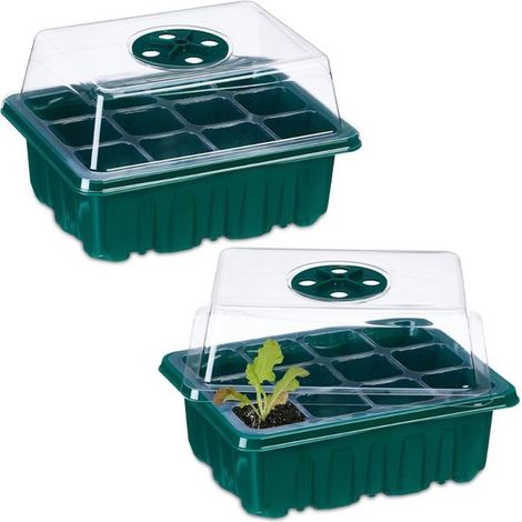 Plateau de culture avec couvercle - lot de 2 - mini-serre pour rebord de fenêtre - 12 compartiments - plateau de semis - intérieur - vert/transparent (1/4)
