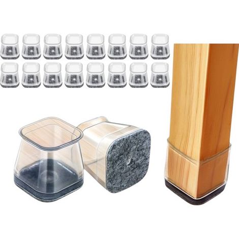 Lot de 16 patins carrés pour pieds de chaise, en silicone et feutre, antidérapants et isolants phoniques, pour protéger les sols, 2,5 à 3,6 cm, transparents (1/5)