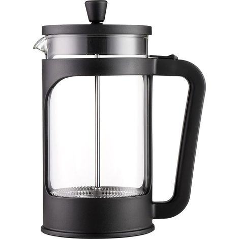 1-liter French press coffee/tea maker. Heat-resistant borosilicate glass. Stainless steel filter and black lid.