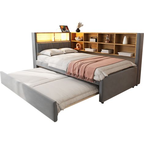 Canapé-lit 2 places 90 x 200 cm avec lit gigogne 90 x 190 cm, LED, ports USB-C et prise, rangements intégrés, tissu flanelle gris foncé CHICFURN (1/5)