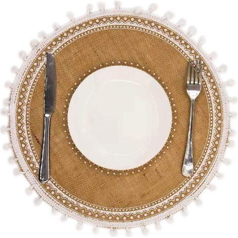 Sets de table, sets de table ronds beiges tissés modernes pour dîner d'hiver et d'automne, chemin de table bohème, sets de table ronds pour cuisine, ensemble de 4 pièces (boules blanches) (1/5)