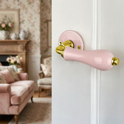 Ouvre&Déco – 2 poignées de porte LIZON sans trou porte pièce à vivre, Rosace ronde, Design Classique Chic, Porcelaine rose, Coude aspect or
