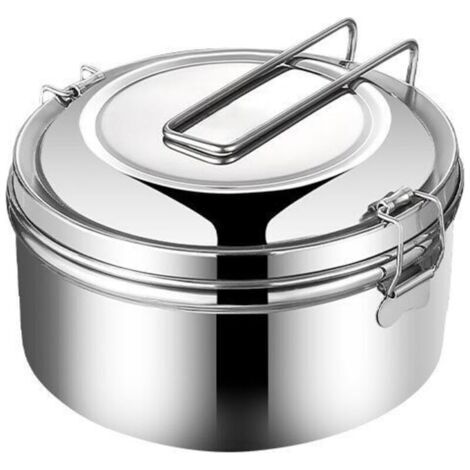 1500ml Stainless Steel Lunch Box, Round Bento Lunch Box Stainless Steel, Metal Camping Lunch Box, Stainless Steel Lunchbox, Anti-Scalding Leakproof Stainless Steel Box with Handle, for School, Work, P (1/5)