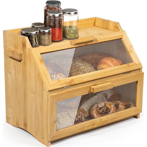 Boîte à pain bambou 2 étages angle 39x32x25cm Double étagère pain & pâtisseries, bambou écologique, optimise coin cuisine, conserve fraîcheur (1/5)