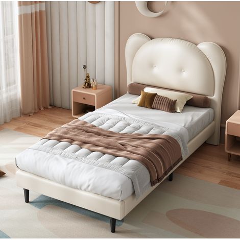 Cama infantil tapizada estilo animal 90x200 cm en PU beige con cabecero decorativo y somier de láminas (1/5)
