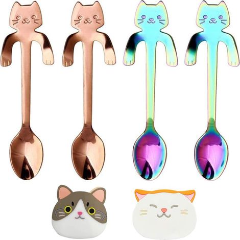 Cuillère Chat - En Acier Inoxydable 304 - Pour Café Thé Dessert - Design Accroche-Tasse - Lot De 4 (1/5)
