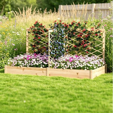 Jardinière surélevée en bois avec 3 treillis modulables 222 x 114 x 109 cm OKWISH (1/5)