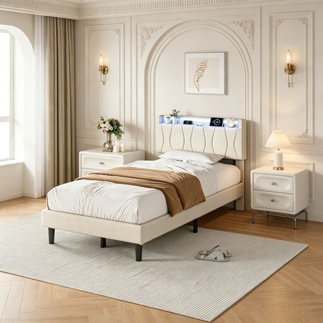 Lit double 140x200 avec sommier, éclairage LED RGB, ports USB et Type-C, Lin - adapté aux adultes et adolescents,Beige (1/5)