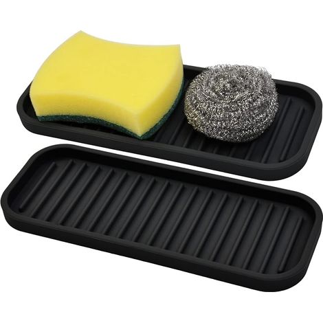 Set mit 2 (schwarzen) Silikon-Schwammhaltern, Spülbecken-Organizer, Abtropfschale, Seifenschale, Scheuerschwammhalter, Löffelhalter, Geschirrspülzubehör - AquaForge (1/5)