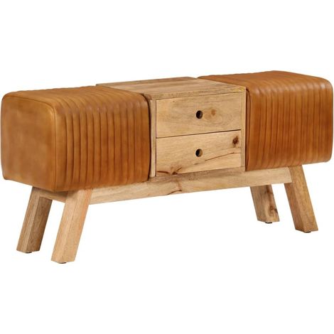 Bock-Sitzbank Braun 107cm Echtes Ziegenleder & Massivholz Mango (1/5)