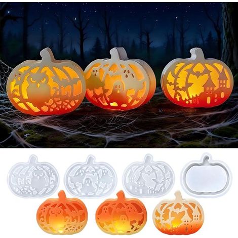 Moule à citrouille d'Halloween, lot de 4 moules en silicone, citrouille décorée de motifs d'Halloween, moule en silicone pour Halloween, moule en plât