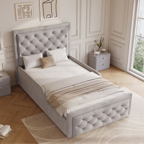 Bett mit Bettkasten 90 x 200 cm aus grauem Samt mit Lattenrost und Kopfteil OKMYHOME (1/5)