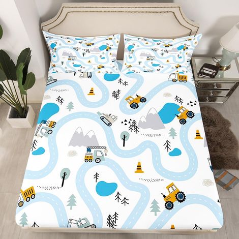 Drap Housse Voiture 90x190 Enfant Garçon Parure de Lit en Microfibre 1 Personne, Drap de Lit Construction de Dessins Animés, Housse de Matelas Excavateur Bulldozer Tracteur (1/4)