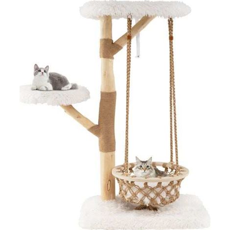 Grande tour pour chaton avec hamac à balançoire, branches en bois véritable et jute, arbre à chat moderne pour centre d'activités intérieur - naturel (1/5)