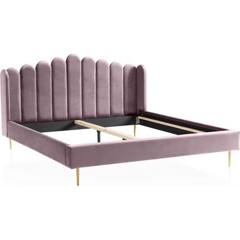 Lit double design coquillage en velours rembourré avec pieds en métal doré 140x200 cm - PANGIVO (1/5)