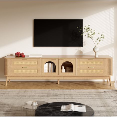 Meuble TV 180x40x50 cm, 4 tiroirs, portes en verre sécurit cintré, LED, naturel, bois, FloraGrace (1/5)