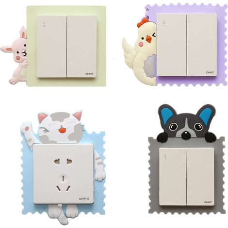 4PCS Interrupteurs Autocollant, Sticker Commutateur Résistant à L'eau Amovible,3D Dessin animé Autocollant PVC Switch Socket Décorations Stickers Muraux Art Mural Wall Sticker,Pour Décoration Chambre