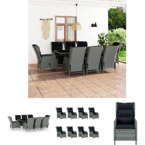 Rattanmöbel - vidaXL 9-tlg. Garten-Essgruppe mit Auflagen Poly Rattan Hellgrau - Gartenstühle (1/5)