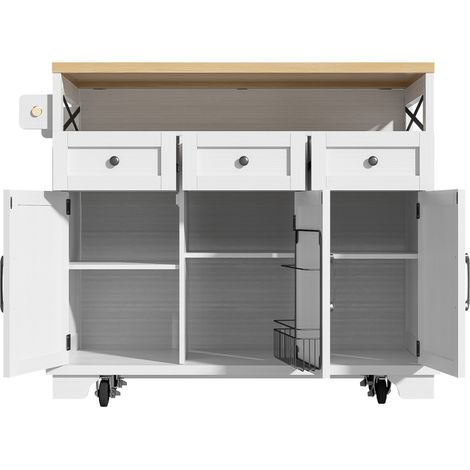 Îlot de cuisine moderne blanc avec roulettes, plan de travail en MDF effet bois, rangement multifonction et porte-serviettes en chêne (1/5)
