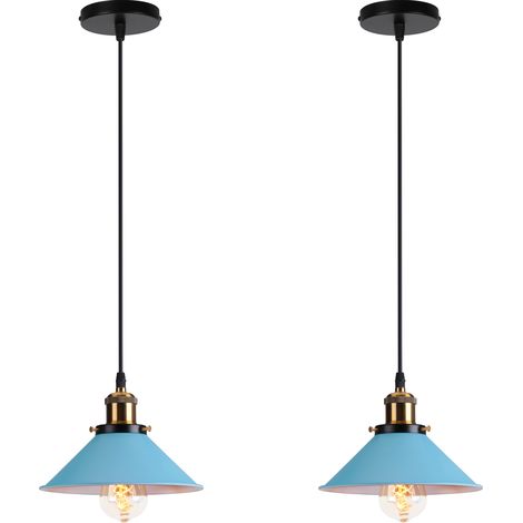 2X Pendant Light Fitting, Antique Dome Chandelier with Ø22cm Lampshade, Vintage Hanging Lamp for Living room Bedroom Dining Room (Blue) (1/5)