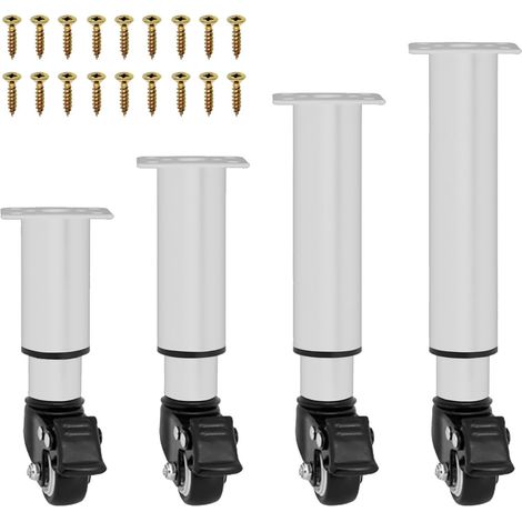 Lot de 4 pieds de meubles réglables en hauteur avec roulettes pivotantes à 360° et frein, hauteur 18,5 à 26 cm, pour canapé, lit, armoire et table, blancs (1/5)