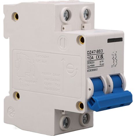 Disjoncteur miniature DZ47-B63 10A DC 500V 2P, type B, pour systèmes photovoltaïques solaires, montage sur rail DIN, basse tension, protection fiable, interrupteur automatique bipolaire. (1/5)