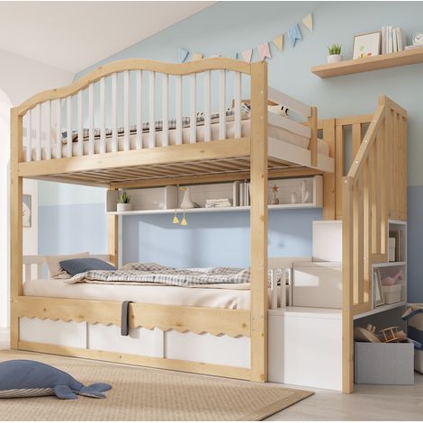 Letto a castello 90x200 cm bianco e rovere in legno con vano idraulico, scala con ripiani e mensole (1/5)