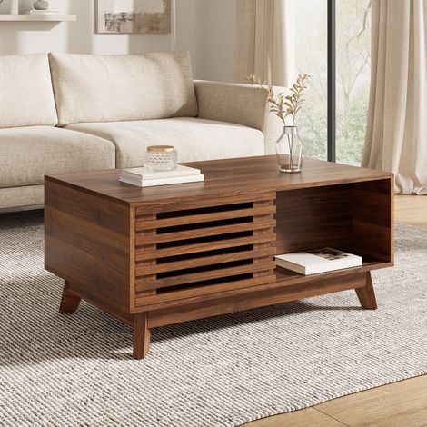 Couchtisch aus MDF in Walnuss-Optik 90 cm mit höhenverstellbarer Tischplatte und Schiebetür (1/5)