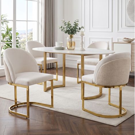 Sillas de comedor, lote de 4, 59 x 52 x 85 cm, tela chenilla beige y metal dorado DESVIAE (1/5)