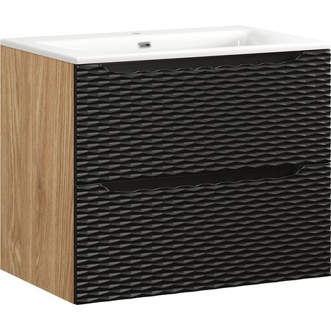Waschtisch 70cm in Eiche mit schwarz, OLUO-56-BLACK, Front mit 3D-Struktur in Wellenoptik (1/5)