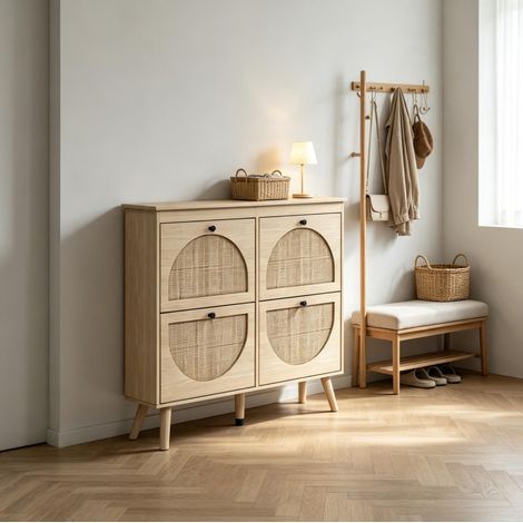 Armadio portascarpe 105x24x97.5 cm, 4 ante a ribalta, stile bohémien, frontali effetto rattan, truciolato e rattan, legno naturale (1/5)