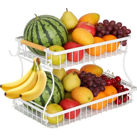 Présentoir à Fruits Métal, Panier Fruits Légumes, Rangement Cuisine avec 2 Plateaux, 2 Crochets, adaptée à la Cuisine ou au Salon, 37x24x23cm, Blanc (1/5)