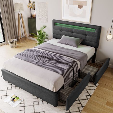Cama con cajones 90x200 cm, con iluminación LED, estructura de cama con 2 cajones, cabecero ajustable, somier de láminas, cama individual tapizada, apta para adultos, adolescentes, niños, Gris (1/5)
