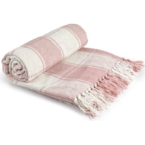 Couverture Traditionnelle à Carreaux en Coton recyclé pour Fauteuil, canapé, Rose pâle – 50 x 60 (127 x 152 cm) (1/5)