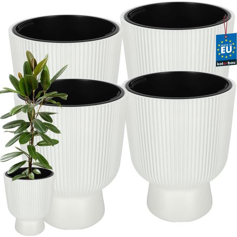 KOTARBAU® Lot de 4 Pot de Fleur - Pot Plastique Plante Ø 39 cm - avec Bac Intérieur - Pot de Jardin - Pot de Fleur Exterieur - H : 49 cm - PVC - Blanc - Nervuré (1/4)