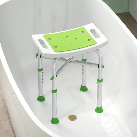 Tabouret/siège de douche – assise rembourrée et réglable, pieds à ventouses antidérapants, aluminium vert