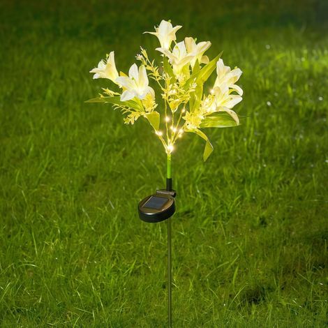 Lampe solaire décorative extérieure lys blanc 7 branches, éclairage ambiant jardin piquet