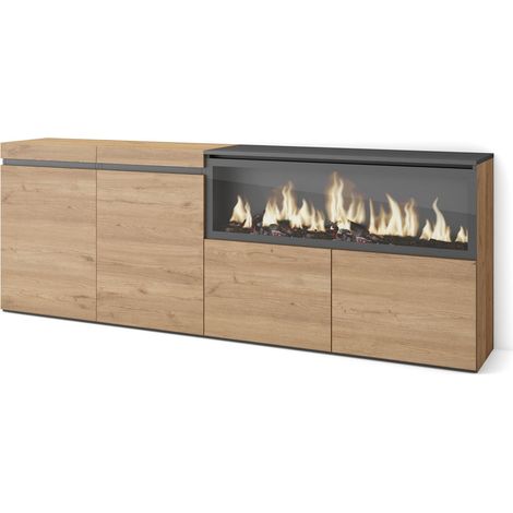Skraut Home – Buffet moderne chêne 208x75x35cm – 4 portes – Cheminée électrique XXL – Meuble de rangement pour salon et cuisine (1/5)