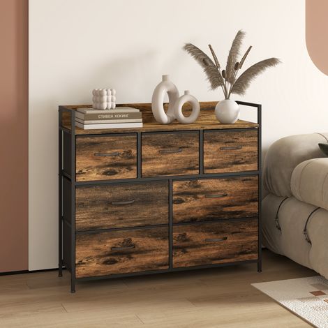 Commode 7 tiroirs meuble de rangement tiroir en tissu pliant - structure acier noir - 98 x 29 x 85 cm