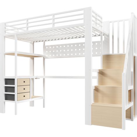 Cama alta 90 x 200 cm de metal y MDF blanco con escritorio, cajones y estantes HOMVRA (1/5)