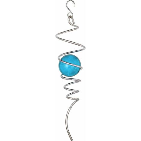 Stabilisateur de vent rotatif avec queue en spirale, attrape-vent, décoration en métal avec crochet en spirale et boule de cristal bleue, boule miroir suspendue, hélice cinétique argentée pour jardin (1/5)