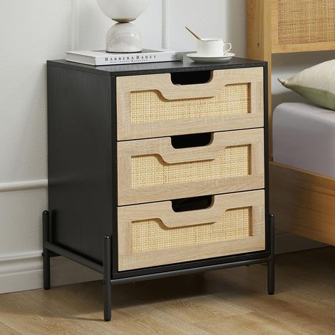 Table de chevet  - Petite table de chevet en rotin - En bois avec 3 tiroir chêne noir - Table d'appoint pour chambre à coucher, salon, bureau,48x39x64CM (1/5)