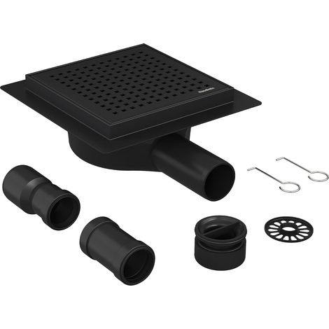Échappement au sol pour douche à 360 ° en acier inoxydable noir avec anti-odeur, filtre à cheveux et 2 adaptateurs de vidange drain de douche 15 x 15 cm (1/5)