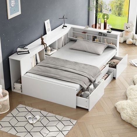 Lit avec Tiroirs 90 x 200 cm Lit Simple Lit Enfant rangement bibliothèque Meuble de Rangement blanc (1/5)