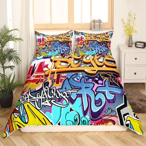 Graffiti bedding set rock street culture hip hop kids boys girls 140x200cm microfiber bed set with zipper and 1 pillowcase (1/5)