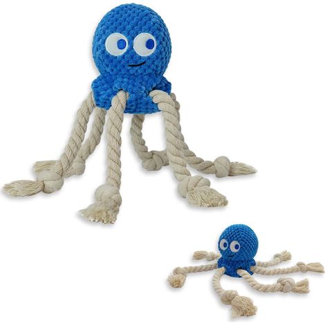 Jouet pour chien JeiibrZui - Pieuvre bleue - Avec couineur et papier froissé - Corde en coton - Pour chiots et petits chiens (1/5)
