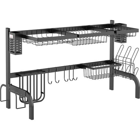 Égouttoir acier 2 niveaux évier planche découper porte-couverts, 100x30x52,5 cm, noir (1/5)