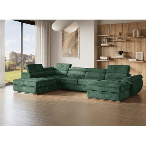 Canapé panoramique convertible avec coffre en velours chiné vert
