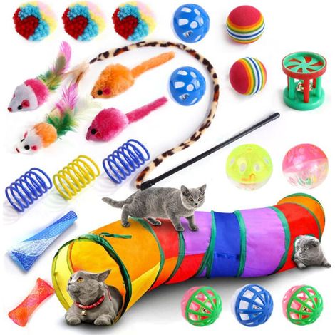Ensemble de 24 jouets pour chat comprenant un tunnel, un poisson, une souris, une plume, une balle et un jeu interactif pour chatons. (1/5)