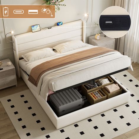 King Upholstered Bed with Charging Station, Linen Hydraulic Storage Bed with Adjustable LED Reading Light, 5ft Double Bed with USB and Type - C Ports, Beige (No Mattress)